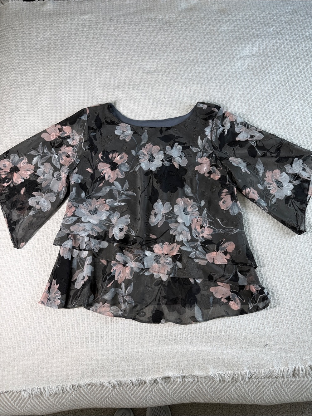 Alex Evenings gray floral sheer layered flowy evening wear top size large petite